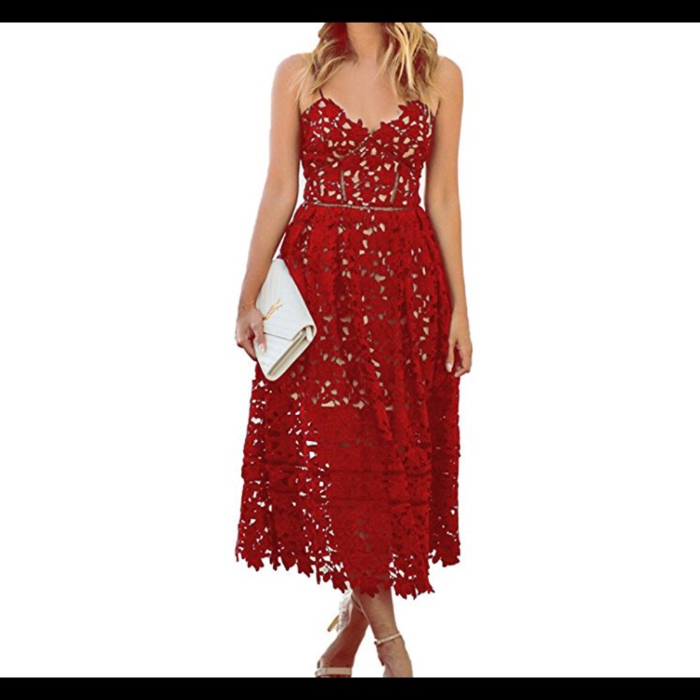 Red Lace V Neck Midi Dress